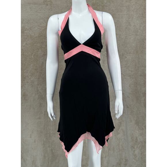 bebe Dresses & Skirts - Bebe Dress Womens Small Black Pink Halter Mini Babydoll Y2K Hanky Hem Coquette‎